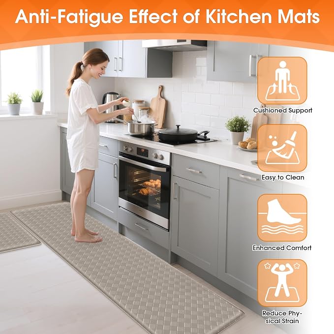 TranquilRelax 2-Piece Anti-Fatigue Kitchen Mats, Cushioned Non-Slip Waterproof Sink & Stove Floor Mats, Comfortable Standing Rug Set for Kitchen, Laundry & Entryway, Brown