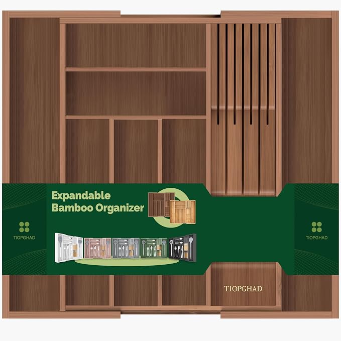 Expandable Bamboo Silverware Organizer with Knife Block, Brown | 12.6-21.45 x 16.3 x 2.13 in, Holds 7 Knives, Removable Knife Block, Adjustable Dividers, Drawer Insert for Utensils, Forks