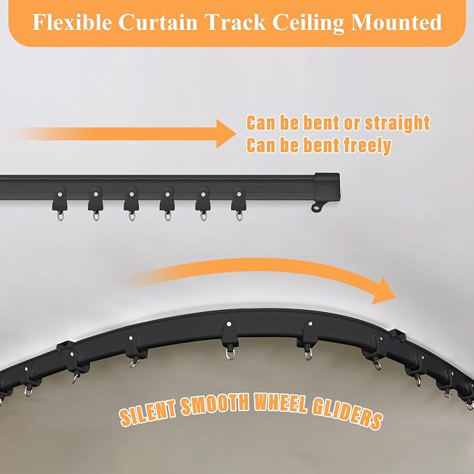 MaKefeile Room Divider Curtains with Flexible Ceiling Curtain Tracks Set,100% Blackout Floor to Ceiling Curtains Patio Sliding Door Curtains (Dark Grey Drape & Black Rail W 15 × H 8 FT)