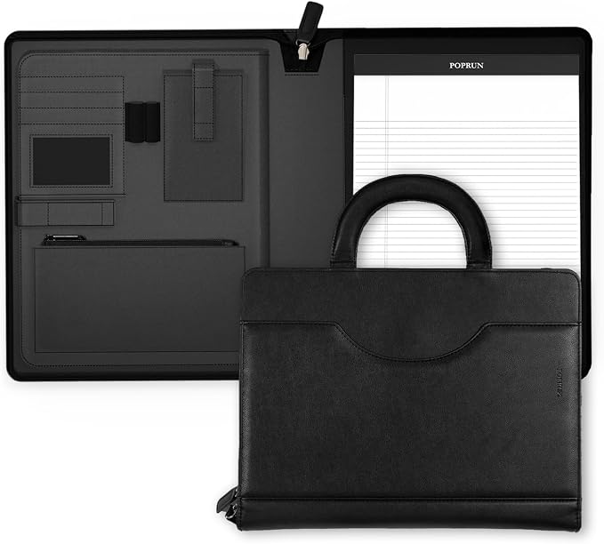 POPRUN Padfolio Portfolio with Handle, PU Leather Business Organizer Binder with 50 Sheet Notepad, Tablet Document Card Holder for Meeting Interview Office, Black
