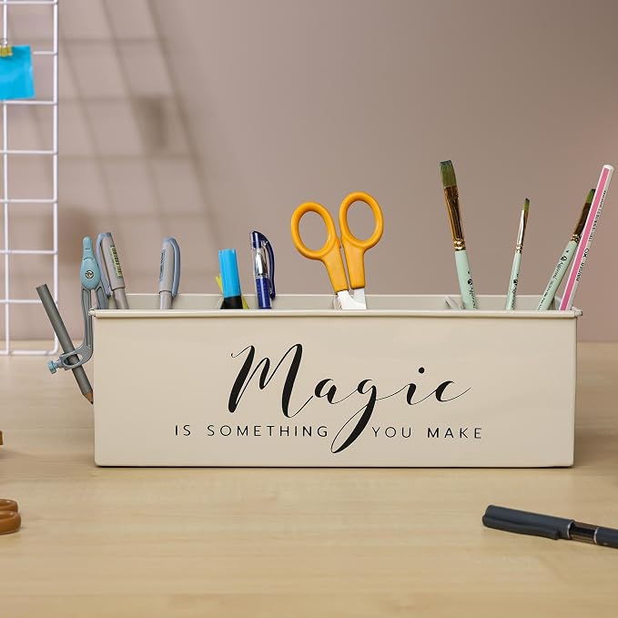 dudki Desk organizer with 4 compartments for office table | stylish Metal Desk Organizer | Stationary Storage | Pencil Holder for Office, Home, and Study Table (Magic) Beige