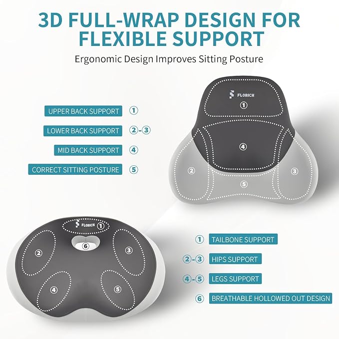 FLORICH Seat Cushion Lumbar Support Pillow for Office Chair, Car Lower Back Support, Ergonomic Desk Chair Pillow for Butt and Back Support of Memory Foam Seat Pad(Dark Grey)