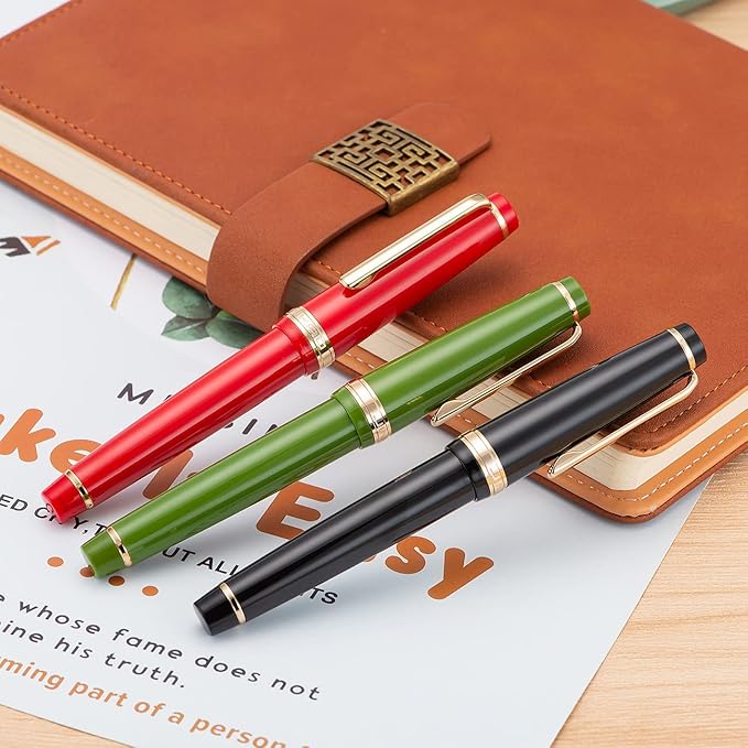 Jinhao 82 Avocado Green Acrylic Fountain Pen, Iridium Bent Nib Classic Design Smooth Writing Pen with Ink Converter (Gold Trim)