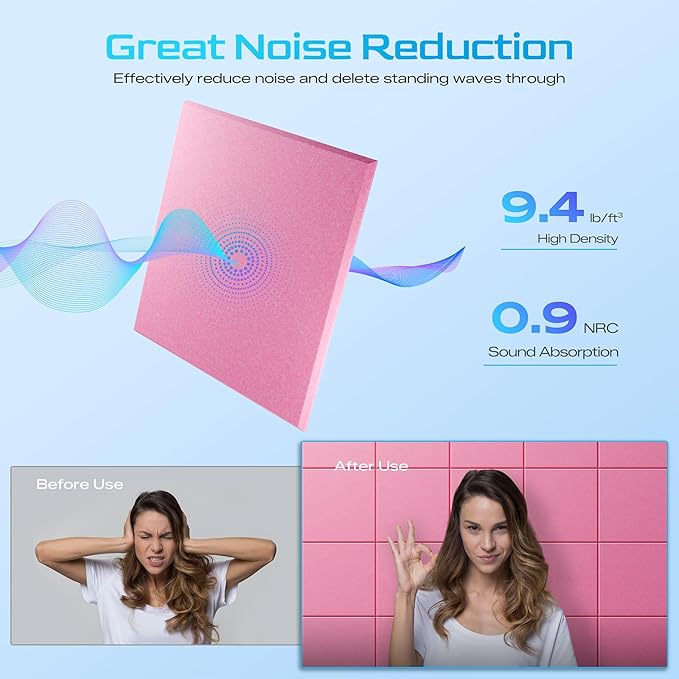 22 Pack Self-Adhesive Acoustic Panels, 12" X 12" X 0.4" High-Density Sound Proof Foam Panels for Walls, Soundproof Wall Panels for Home & Office (Pink)