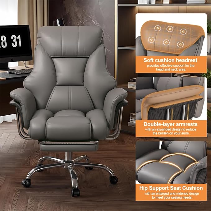 Big and Tall Office Chair Wide Seat Ergonomic Leather Executive Desk Chair with Leg Rest, Heavy-Duty 550 lbs Adjustable Height Computer Gaming Chairs