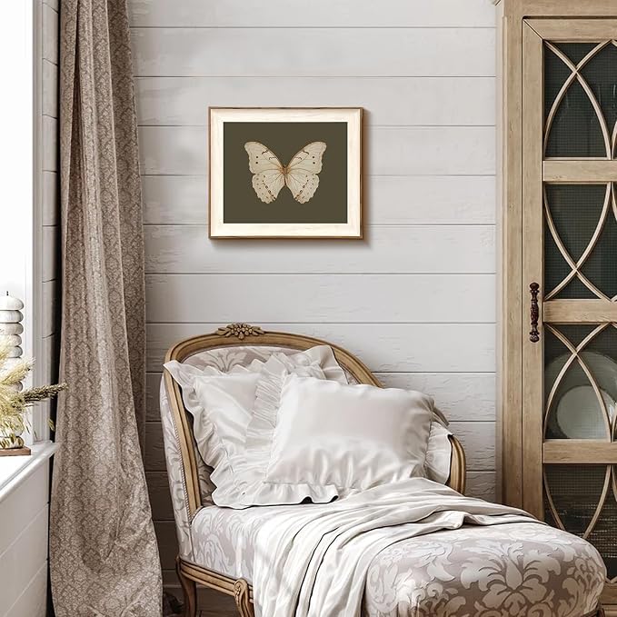 Uniro Vintage Framed Wall Art, Classical Butterfly Oil Paintings, Dark Moody Insect Canvas Prints Artwork with Antique Frame, Saige Green Wall Decor Pictures for Bedroom, Kitchen, Shelf, Bathroom Wall Decor, Cottagecore Room Decor - 10x12Inch