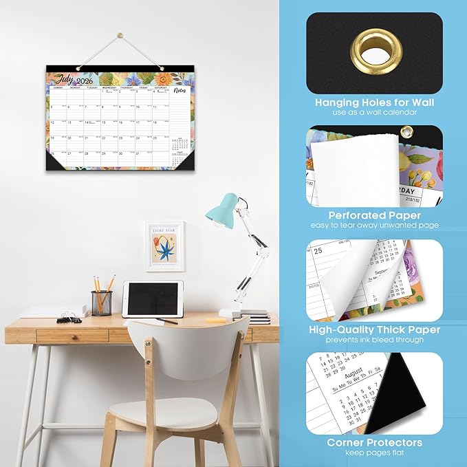 Desk Calendar 2026-2027, 18-Month Calendar Runs from July 2026 to December 2027, Large 17" x 12" Monthly Desktop & Wall Calendar for Home & Office - Botanic Whimsy