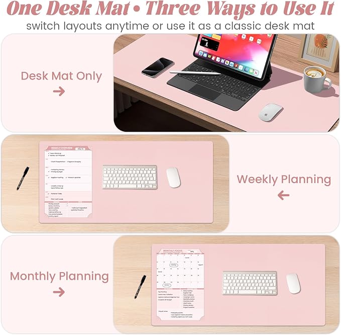 Large Pink Dry Erase Desk Mat with Weekly & Monthly Dry Erase Planners | Reversible Dual-Texture Desk Pad with Interchangeable Planning Pages,Faux Leather Desk Mat for Office-16"x34"