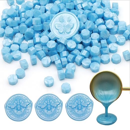 250pcs Wax Seal Beads Baby Blue, Andotopee Premium Sealing Wax Beads for Stamp Seals, Octagon Metallic Seal Stamp Pellets Refill Pack for Wedding Invitation, Letter Envelope, Scrapbook DIY Crafts