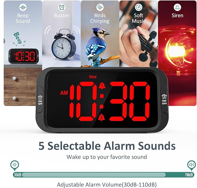 Odokee Digital Dual Alarm Clock for Bedroom with 0-100% Dimmable Display | Easy to Set Alarm Clock with Weekday/Weekend Mode - Loud Alarm for Heavy Sleepers with 5 Sounds Adjustable Volume - Red