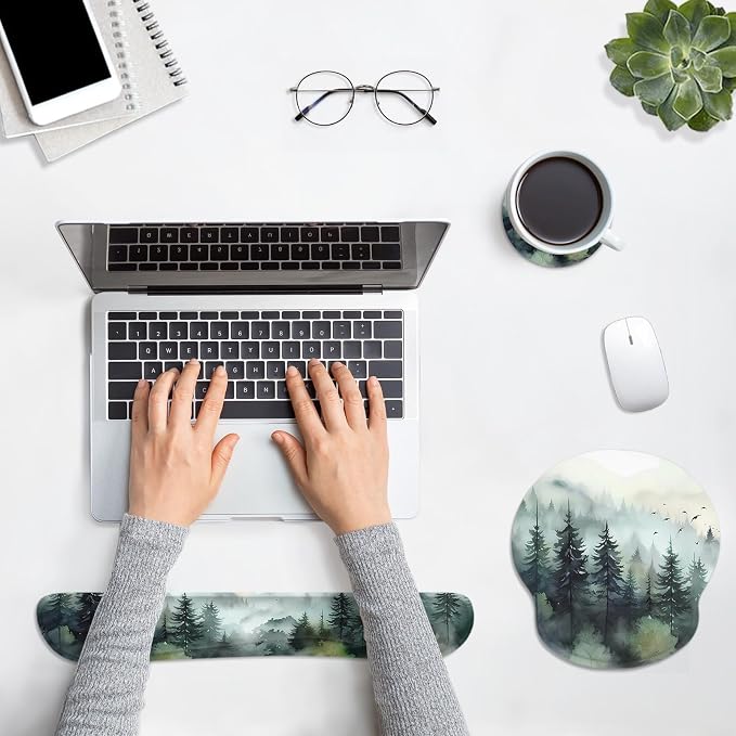 Britimes Green Ink Style Mountain Forest Ergonomic Mouse Pad Set with Wrist Rest Non-Slip Rubber Base Wrist Cushion Support and Coasters Mousepad with Wrist Support for Computer Keyboard and Desk