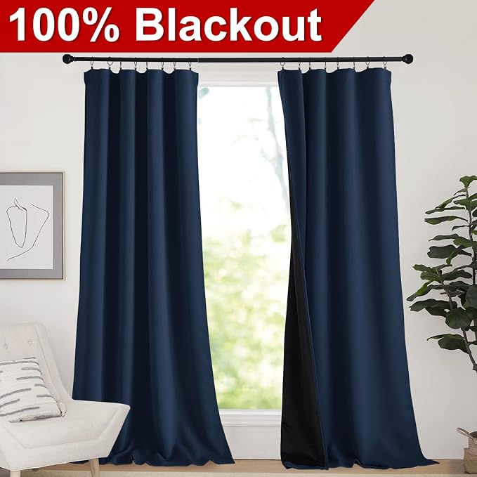 NICETOWN 100% Blackout Blinds, Laundry Room Decor Window Treatment Curtains, Thermal Insulated Energy Smart Drapes and Draperies for Villa, Hall and Studio (Navy, Set of 2, 52 inches x 95 inches)