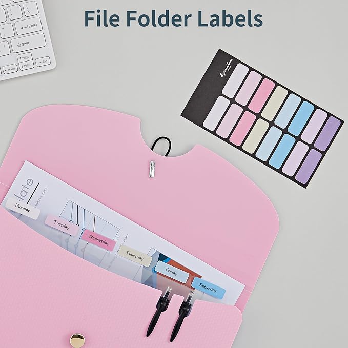 JARLINK 7 Pockets Expanding File Folder, A4 Size Accordion File Folders with 12 Labels, Cute Paper Organizer, Portable Document Organizer for Home College School Office Supplies, Macaron Pink