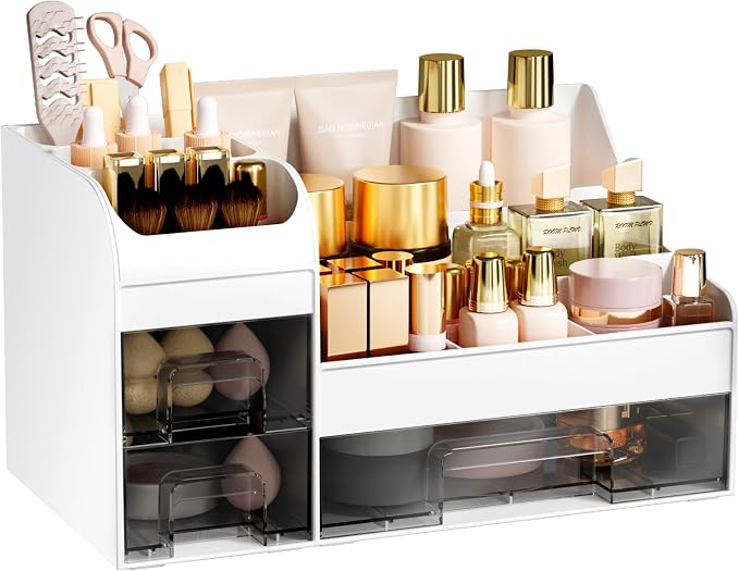 Makeup Organizer with Drawers,Large Cosmetic Storage Box,Countertop Skincare Organizer,ABS Makeup Brush Holder for Bathroom,Desk,Dresser,Multifunctional Beauty Display Case,White transparent