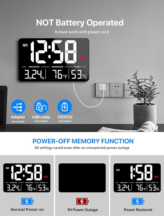 MASHI 13" Large Display Digital Clock, Alarm, Date, Temperature, DST | Remote control & 6-level dimmer. Shows day, humidity. Plug-in; memory backup. For desk, wall, gift for elderly