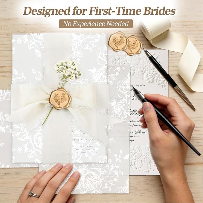 Wedding Invitation Accessories Kit, Pre-Folded Vellum Jackets for 5×7 Invitations with Wax Seal Stickers, Ribbon & Dried Flowers, Elegant Wedding Invitation Accessories for DIY Bridal Invites (White-Rose, 100)