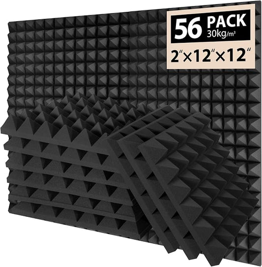 56 Pack Acoustic Foam Panels, 2" x 12" x 12" Sound Proof Foam Panles Pyramid-shaped, Soundproofing Noise Absorbing Pyramid Black Panels for Wall Studio Foams