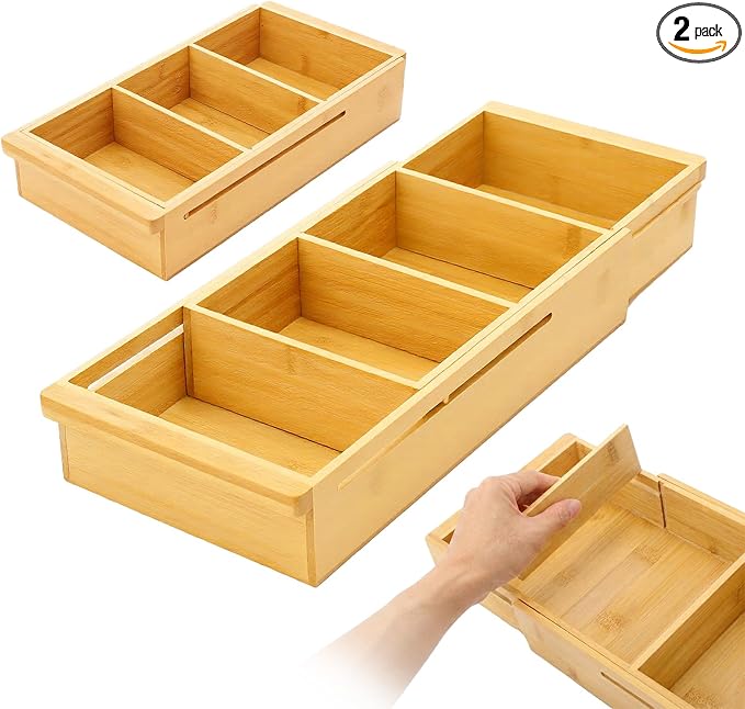 Yookeer 2 Pcs Expandable Drawer Organizer Adjustable Hanging Deep Drawer 11.4'' to 18.1'' Bamboo Wood Dividers Storage Tray for Desk Kitchen Bedroom Bathroom Office Supplies