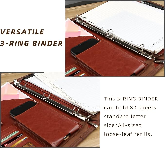 Zippered Portfolio Organizer, WRIYES Leather Padfolio with 3 Ring Binder, Professional Business Binder, Organizer for IPad/Document, Phone & Business Cards, Office Gifts for Men or Women (Brown)