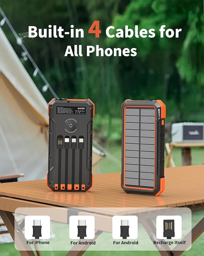 BLAVOR Solar Power Bank 20000mAh Built in 4 Cables, 20W Fast Charging Portable Charger with Wireless Charger for Apple Watch, Super Bright Flashlight, Compatible with all Phones and Electronic Devices