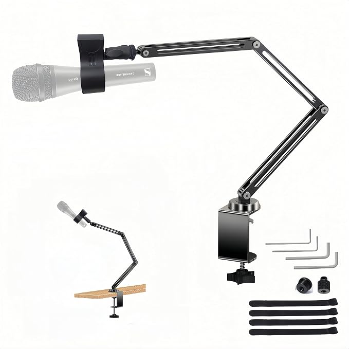 Low Profile Mic Boom Arm, 360° Rotatable 3-Section Foldable Desk Microphone Stand, 2.5kg Heavy Duty C Clamp Mic Mount with 1/4 3/8 5/8 Screw Adapter for Streaming Podcast(C Clamp Mount)