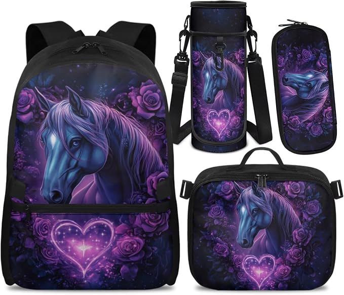 Doojoayie Horse Backpack for Girls with Lunch Box 3D Animals Print Bookbag for Teen Girls Primary School Backpack for Kids Back to School Bags as Gifts for 1st Grade Student