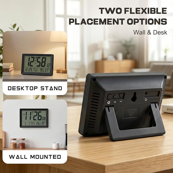 Digital Wall Clock Battery Operated with LCD Display, 6.5” Small Digital Clock with Seconds/Temperature/Humidity/Snooze - 12/24H, Digital Alarm Clocks for Bedrooms, Living Room, Office, Gym