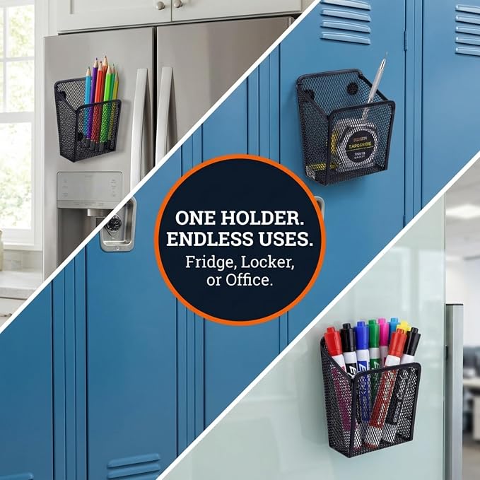 Performore Magnetic Metal Mesh Pencil Holder, Black Stainless Steel Pen Holder with Magnets, Basket Storage Organizer for Whiteboard, Blackboard, Kitchen, Locker, Home, or Office (1)