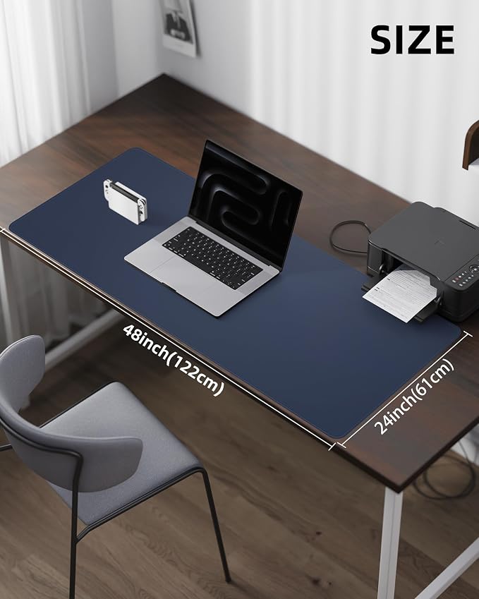 Leather Desk Pad Protector - 48 x 24 Computer Mat, Large Mouse Pad, Non-Slip, Waterproof PU Leather Blotter, Desk Cover for Office and Home (Midnight Blue)