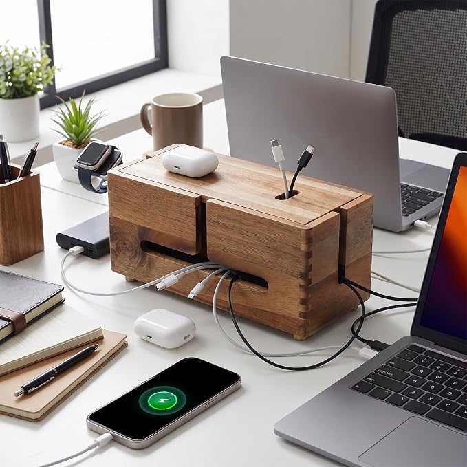 Novabright Acacia Wood Cable Management Box Cable Organizer with 4 Metal Feet Cord Hider Organizer for Power Strip Electrical Hiding, TV Wires, Desk Floor Cables, Under Desk Cables Box for Wire