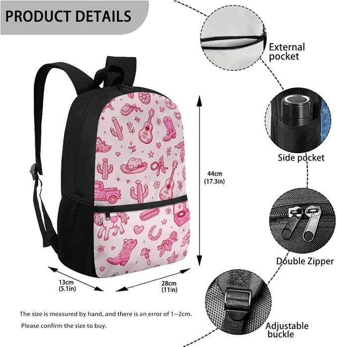 WELLFLYHOM 17 Inch Western Cowgirl School Backpack for Kids 5-6 Girls | Pink Book Bag with Lunch Box Pencil Case Water Bottle Case Back to School Supplies