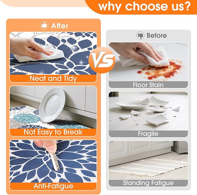 StepLively Kitchen Mats for Floor, 0.47" Anti Fatigue Mats for Floor, Kitchen Decor and Accessories Non Slip Washable Mats Set of 2 for Sink, Laundry, 17.3"×30"+17.3"×59", Blue and White