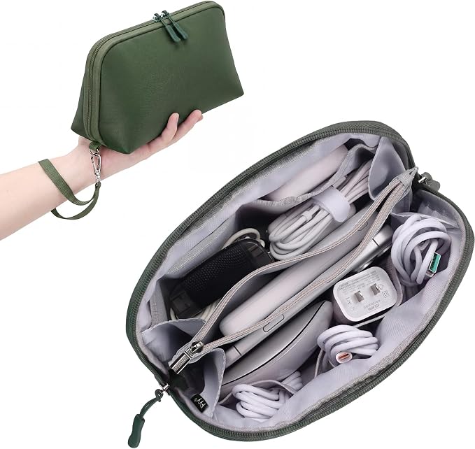 FYY Travel Cable Organizer - 8 Compartments Lightweight Water Resistant Tech Pouch with Wrist Strap, Portable Electronic Accessories Case for Cord Charger Storage for Travel Home Office Green (Large)