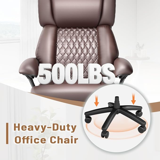 HOMREST 500lbs Big and Tall Office Chair, Ergonomic Heavy Duty Chair with Adjustable Lumbar Support & Backrest, Executive Leather Office Chair with Wide Armrests and Wheels (Brown)