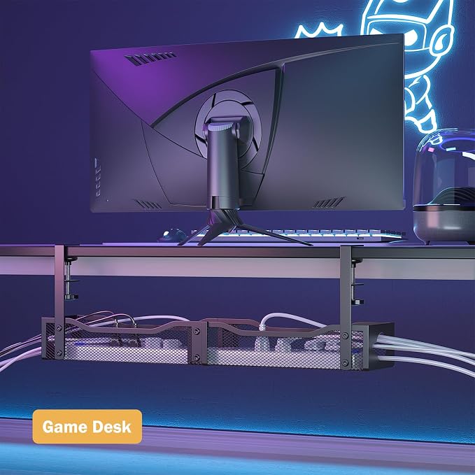 DELAMU 25'' Upgraded No Drilling Under Desk Cable Management Tray, Black | Under Desk Cable Management, Extra-Long, No Tools Required Installation, Height-adjustable, Home Office Gaming Accessories