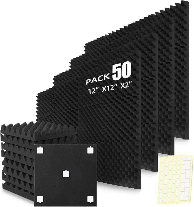50 Pack Acoustic Foam Panels, 12"x12"x2" Egg Crate Sound Proof Foam | Sound Absorbing Panels for Studio, Home Theater, Office, Bedroom, Noise Cancelling Wall Panels, Black