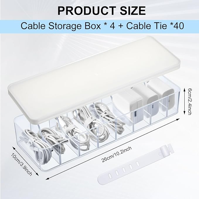 Tatuo 4 Pcs Cord Organizer for Drawer Desktop, Cable Organizer Box with 8 Compartments and Wire Ties, Plastic Charger Storage with Lid, Electronics Case for Home Office Accessories (Small,Clear,White)
