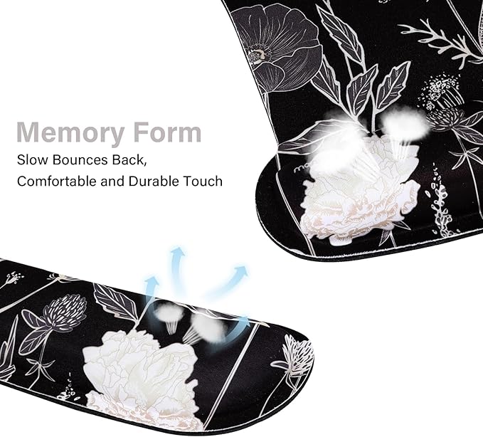 MOSISO Keyboard Mouse Pad Set, Large Gaming Mouse Pad&Keyboard Wrist Rest&Mouse Wrist Rest&Coaster, Ergonomic Non-Slip Retro Flower Floral Mousepad with Raised Memory Foam for Home Office, Black