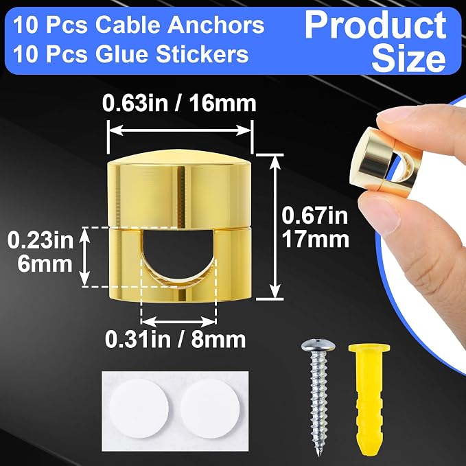 SmallCat 10 Sets Charger Holders for Cords, Gold Color Adjustable Cable Anchor Holders, Adhesive Metal Cord Clips, Cable Management Wire Organizers for Desk, Office, Nightstand