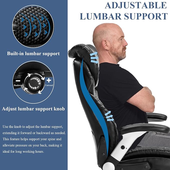 500LBS Big and Tall Office Chair, Heavy Duty Office Chair for Heavy People Computer Task Chair with Adjustable Headrest and Lumbar Support, Home Office Desk Chairs with Flip-up Armrests, Black