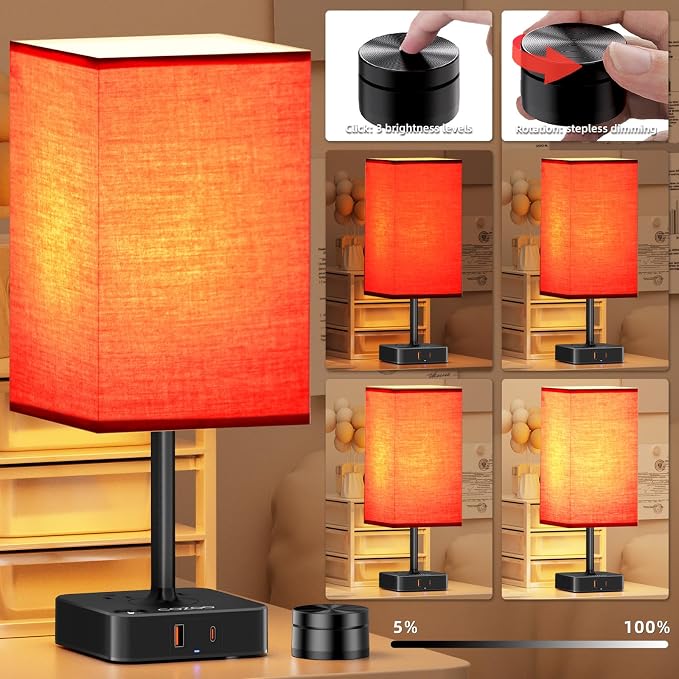 cozoo Bedside Table Lamp for Bedroom, 3 Way Dimmable & Remote Control Stepless Dimming Touch Nightstand Lamp, 2 USB Ports and 2 AC Outlets, Small Desk Light for Living Room, Bed, Study, Red