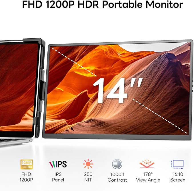 14" Laptop Screen Extender,FHD 1200P IPS Portable Monitor for 14"-17.3" Laptops, Dual Travel Screen Monitor Plug & Play, Laptop Screen Monitor Extender Compatible with Windows/Mac/Android&Chrome OS