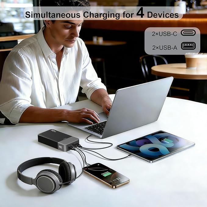 JUOVI Portable Charger, 90W Laptop Power Bank 20000mAh Portable Phone Charger, Power Bank Fast Charging with 2 USB-C & 2 USB-A Ports,Battery Bank for MacBook iPhone 17/16/15 Series, Galaxy (Black)