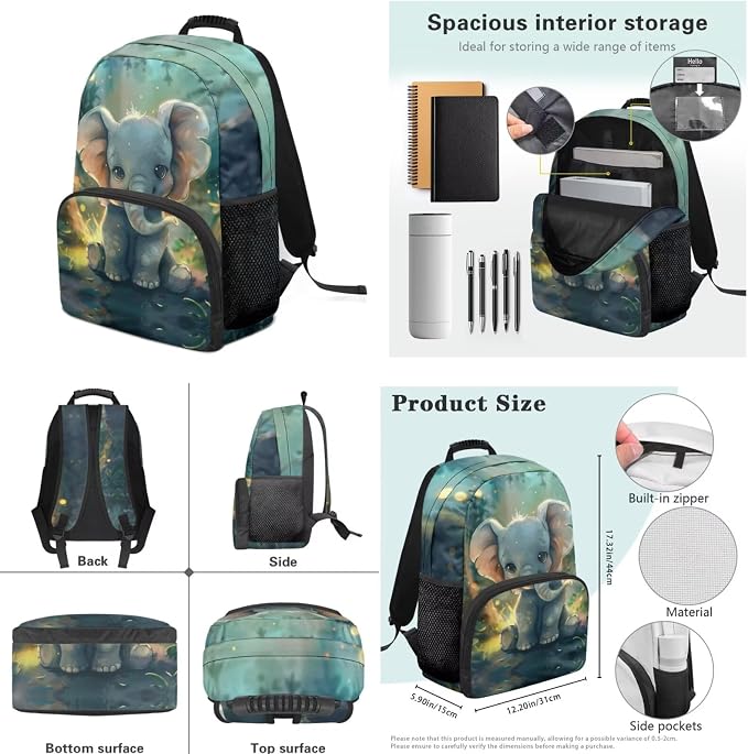 Ystardream Cute Elephant Backpack for Girls 7th Grade Kids School Backpack with Luch Bag for Girls Elementary Bookbag with Large Capacity Design Wear Resistant Pencil Case,Water Bottle Sleeve
