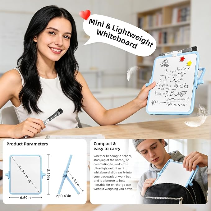 Colorful Dry Erase White Board 6.7x8.4in, Magnetic Desktop Board with Stand, 2 Markers (Eraser Head), 4 Magnets - Double-Sided Easel for Daily Planning, Memo, Office/Home/School (Blue)