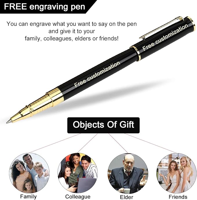 1314 Free Engraving pen Personalized custom pens Roller Ballpen, Ballpoint pen, Ball pen, Medium Refill Pen Black Ink, Custom Gifts for Men, Women, Classy Gift Box (Black Style 1)