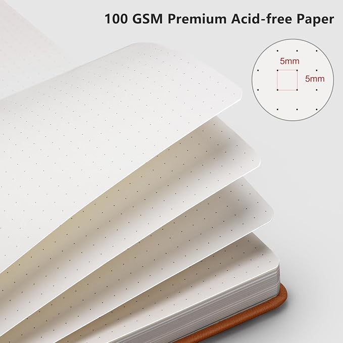 RETTACY Dotted Journal Notebook, 192 Pages, A5 Medium Size (5.7'' x 8.3''), Leather Hardcover, 100 GSM Thick Paper, for Journaling, Planning, Tracking (Brown)