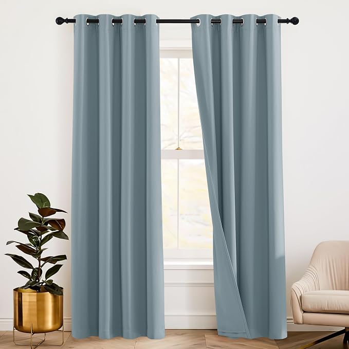 RYB HOME Blackout Curtains with Felt Fabtic Liner for Sound Absorbing, 3 Layers Soundproof Thermal Insulated Energy Saving for Bedroom Home Theater Baby Nursery, W 52 x L 95 inch, Dusty Blue, 2 Panels
