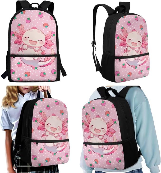 WELLFLYHOM 6-11 Kid Cute Axolotl 4 In 1 Bookbag Set, Pink 17 Inch Strawberry Backpack with Lunch Box for Girls, Back to School Supplies for Elementary Students, Mochila Para Niñas
