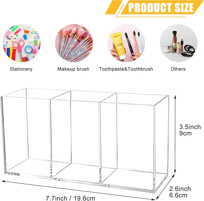 Cerpourt Clear Makeup Brush Organizer,Acrylic Cosmetic Brushes Storage Holder with 3 Slots,Pencil Pen Holder for Desk,Desk Organizer and Accessories for Vanity